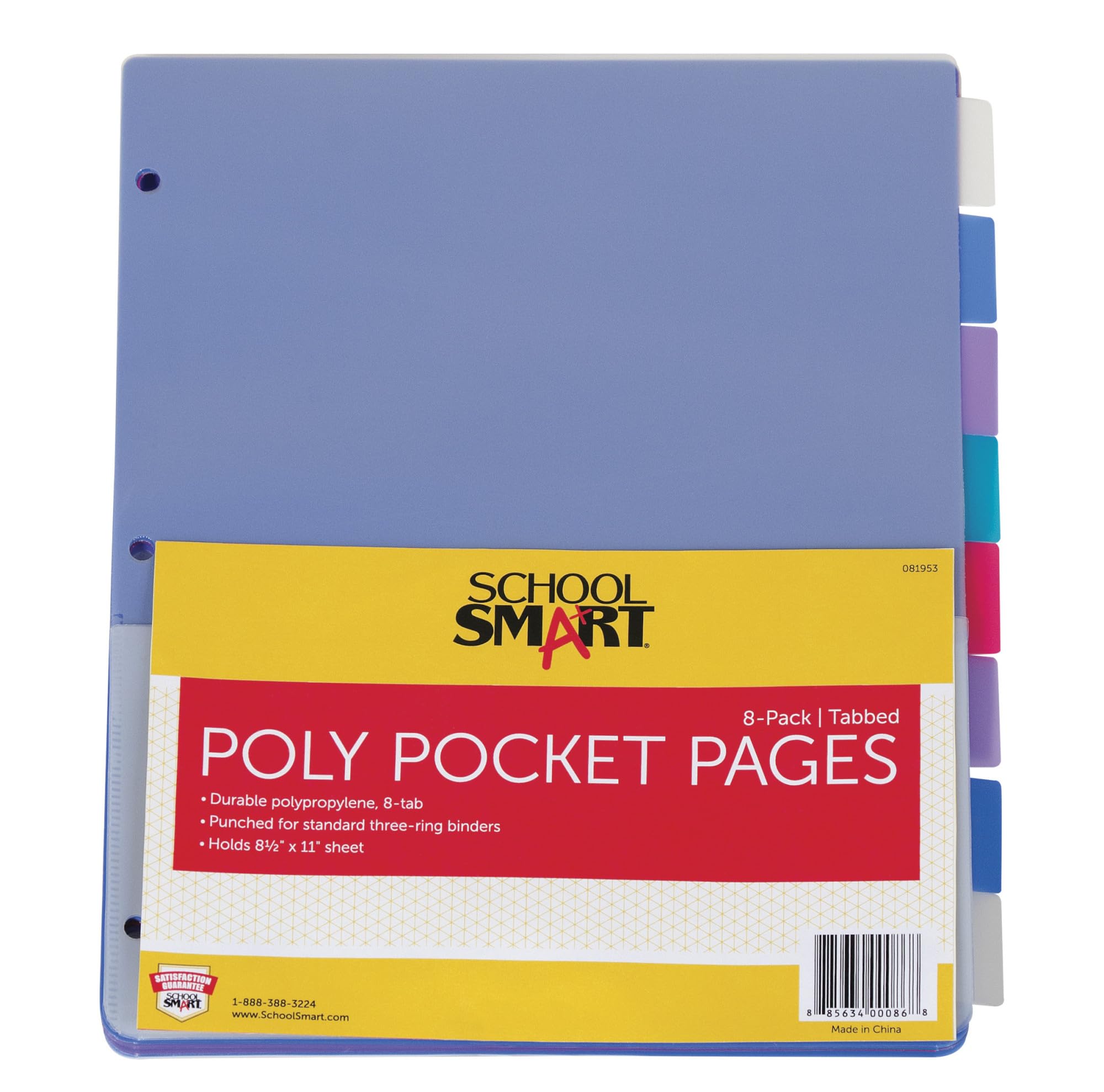 School Smart Tabbed Poly Binder Pocket Page, Assorted Colors, 1 Set Of 8