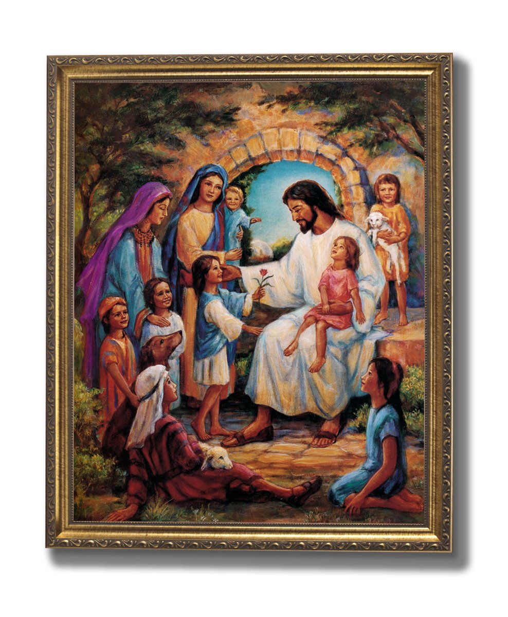 Jesus Christ With Children Religious Art Print 16x20 Gold Frame & Glass Great Gift Idea from Grandparents
