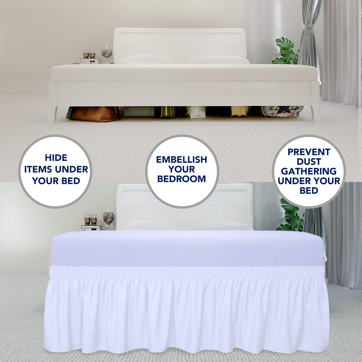 Purefit Wrap Around Ruffled Bed Skirt With Adjustable Elastic Belt - 22 Inch Drop Easy To Put On, Wrinkle Free Bedskirt Dust Ruffles, Bed Frame Cover For Queen, King And C-King Size Beds, White