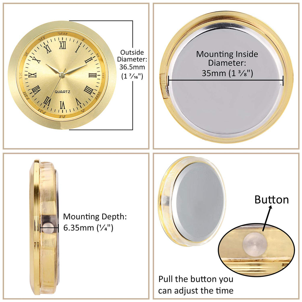 Shoppewatch Mini Clock Insert Quartz Movement Round 1 7/16'' (35Mm) Miniature Clock Fit Up Gold Tone Dial And Bezel Roman Numera