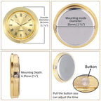 Shoppewatch Mini Clock Insert Quartz Movement Round 1 7/16'' (35Mm) Miniature Clock Fit Up Gold Tone Dial And Bezel Roman Numera