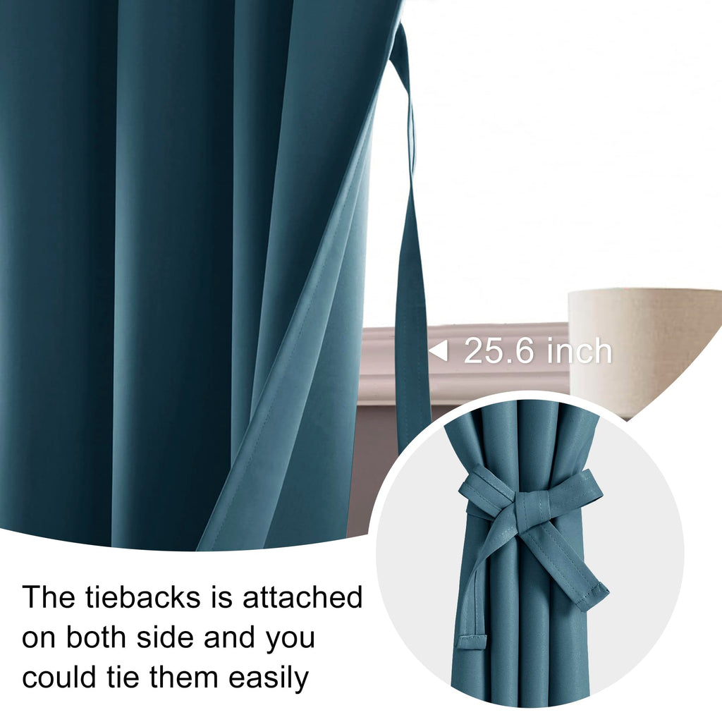 Jiuzhen Blackout Curtains For Bedroom - Thermal Insulated Room Darkening Noise Reducing, 52 X 45 Inch Length Curtains For Living Room, Set Of 2 Panels With Tiebacks, Stone Blue