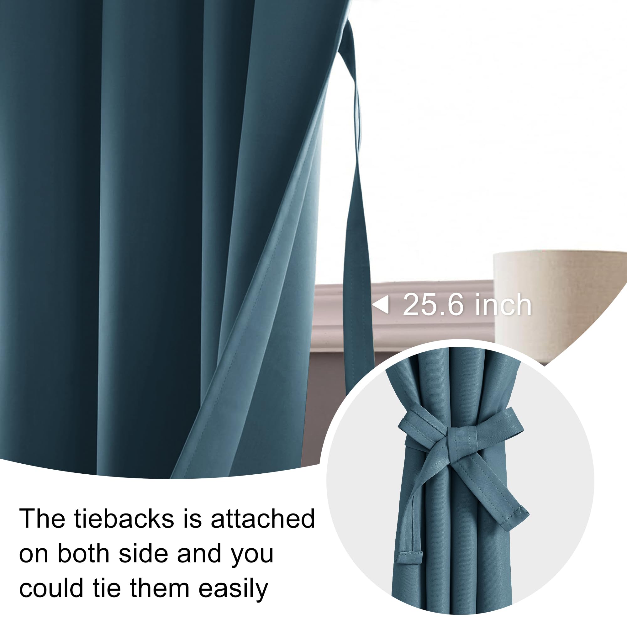 Jiuzhen Blackout Curtains For Bedroom - Thermal Insulated Room Darkening Noise Reducing, 52 X 45 Inch Length Curtains For Living Room, Set Of 2 Panels With Tiebacks, Stone Blue