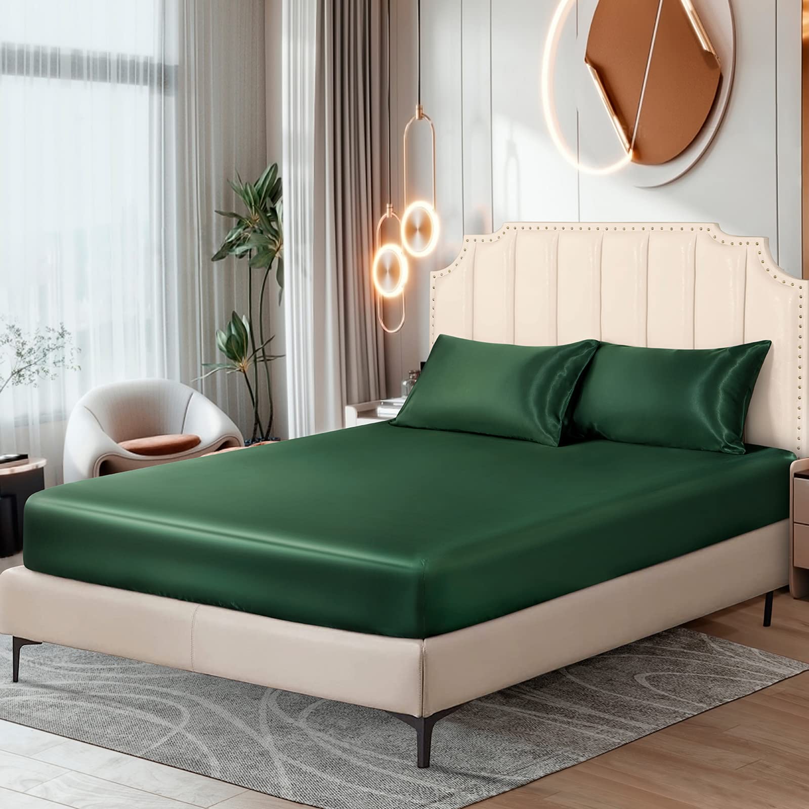 Ersmak Satin Fitted Sheet Only, Luxury Silky King Fitted Sheet Ultra Soft Deep Pocket Bottom Sheet, Wrinkle & Fade Resistant - E