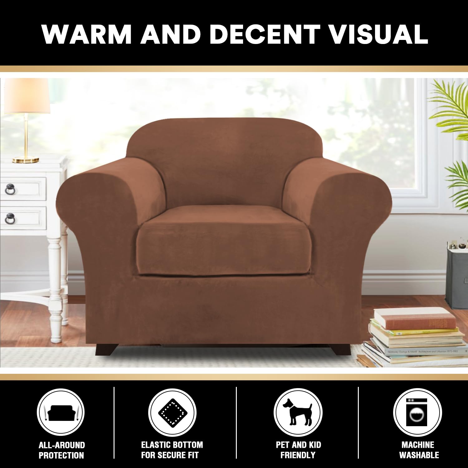Princedeco 2 Piece Chair Cover Velvet Chair Slipcovers Soft Armchair Cover Furniture Protector With Arms Width Up To 49 Inch Chair Sofa Cover With Individual Cushion Covers(Small, Caramel)