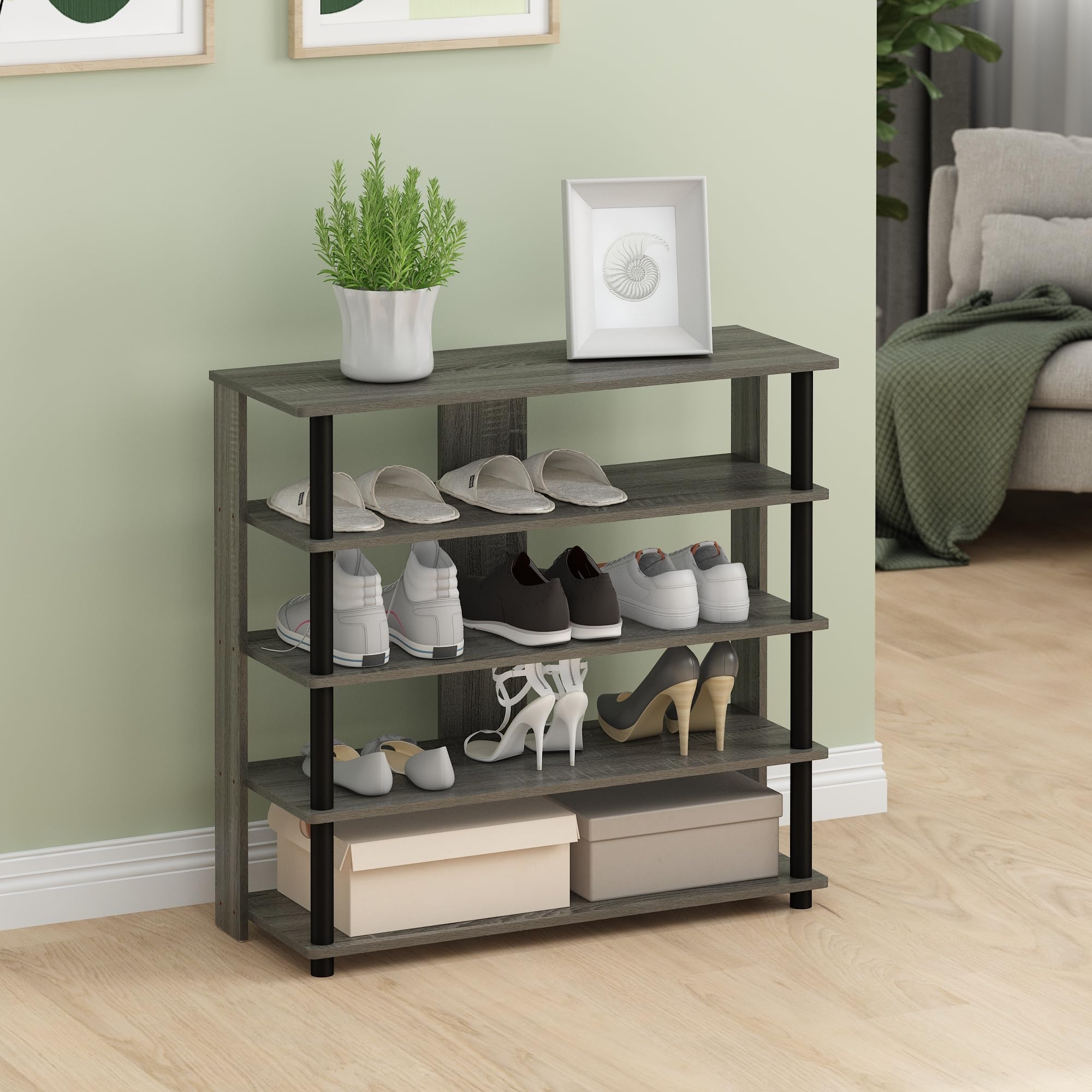 Furinno Turn-N-Tube 5 Tier Wide Shoe Rack, French Oak Grey/Black , 32 Inch