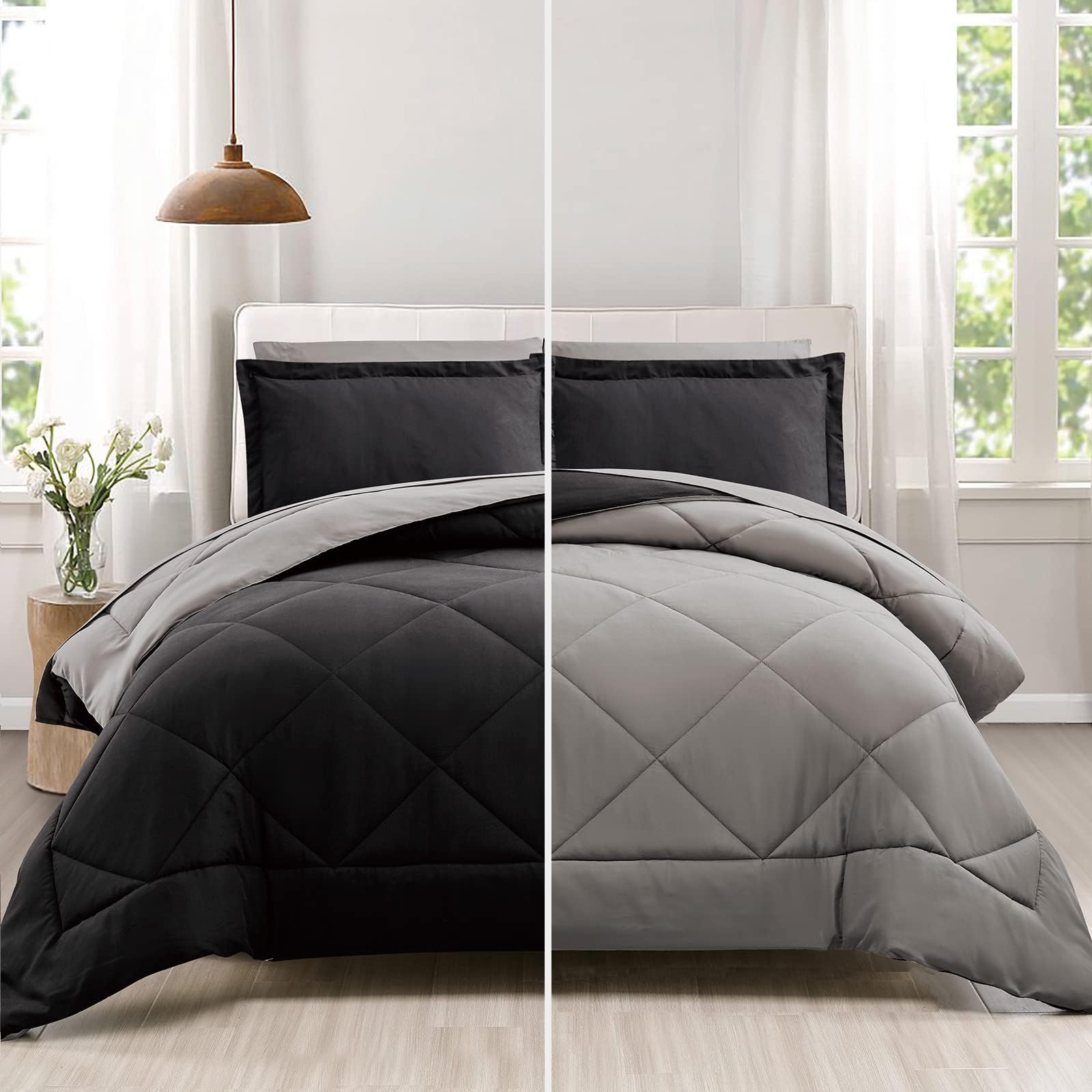 Furnishh Queen Comforter Set 7 Pieces Bed In A Bag, Full/Queen Reversible Bed Set With Comforter, Flat Sheet, Fitted Sheet, Pill