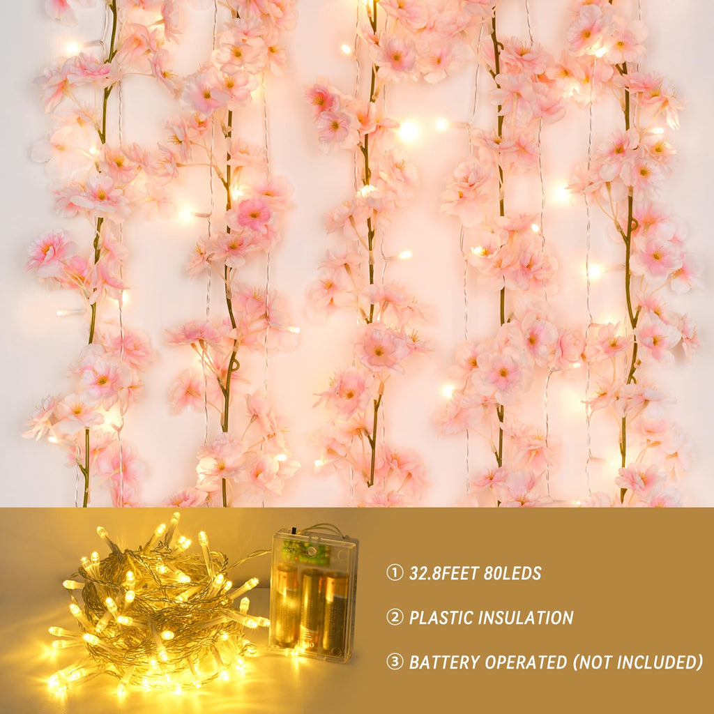 Sunm Boutique 12-Pack 70.8 Ft Artificial Cherry Blossom Garland Cherry Blossom Hanging Vine With 65.6 Ft Long 160 Led String Lig