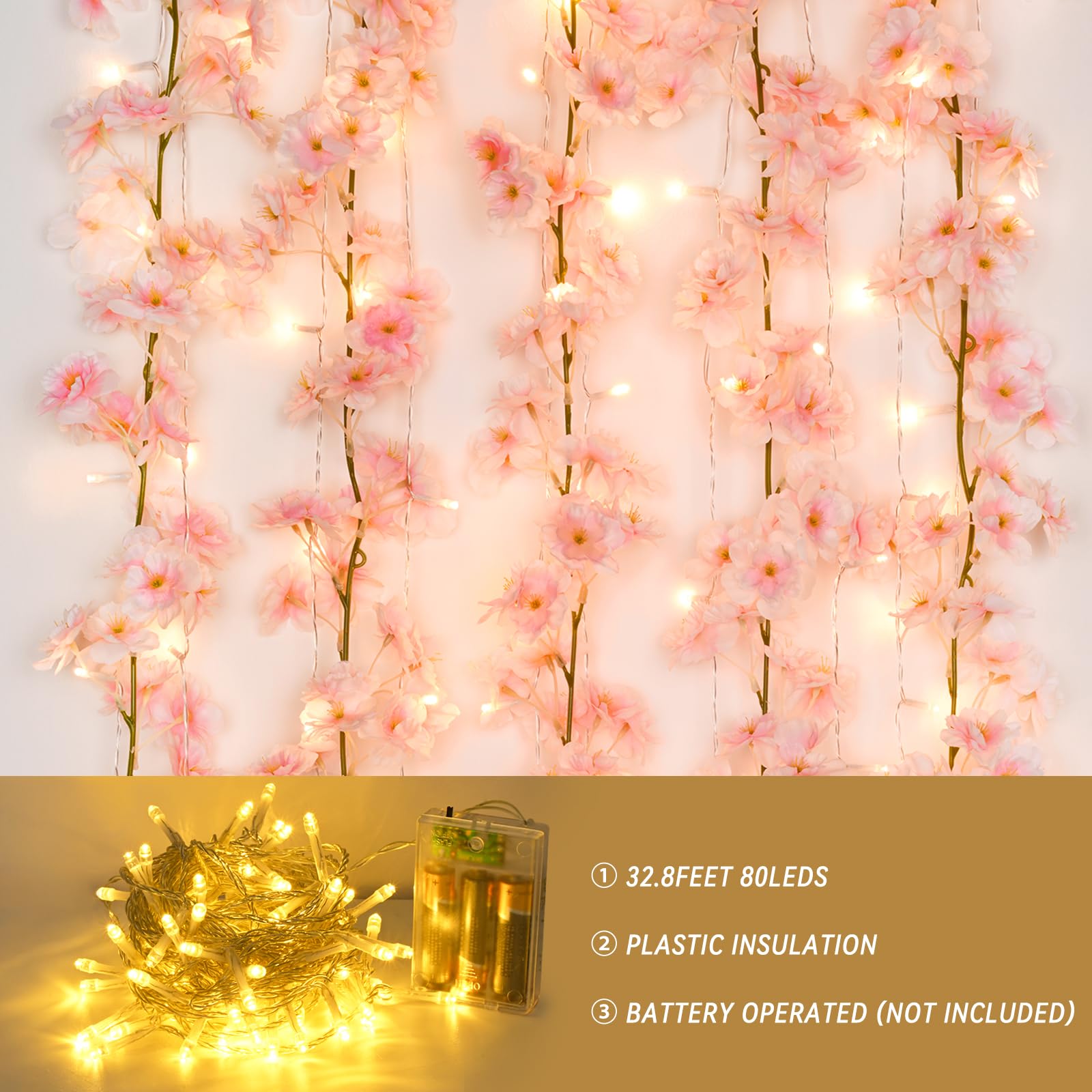 Sunm Boutique 12-Pack 70.8 Ft Artificial Cherry Blossom Garland Cherry Blossom Hanging Vine With 65.6 Ft Long 160 Led String Lig