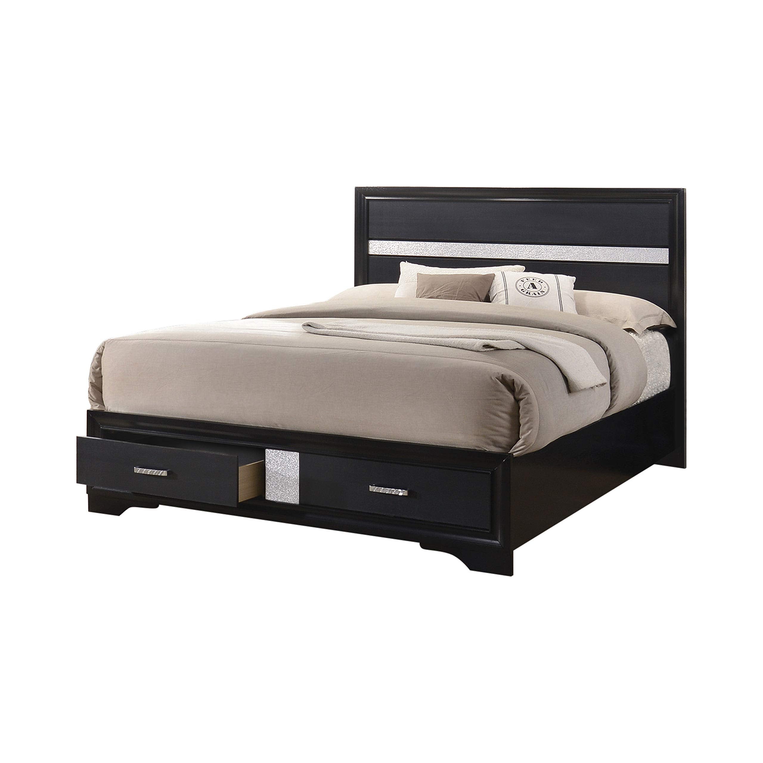 Benjara Transitional 2 Drawer Wooden Queen Size Bed With Glitter Stripe, Black And Silver