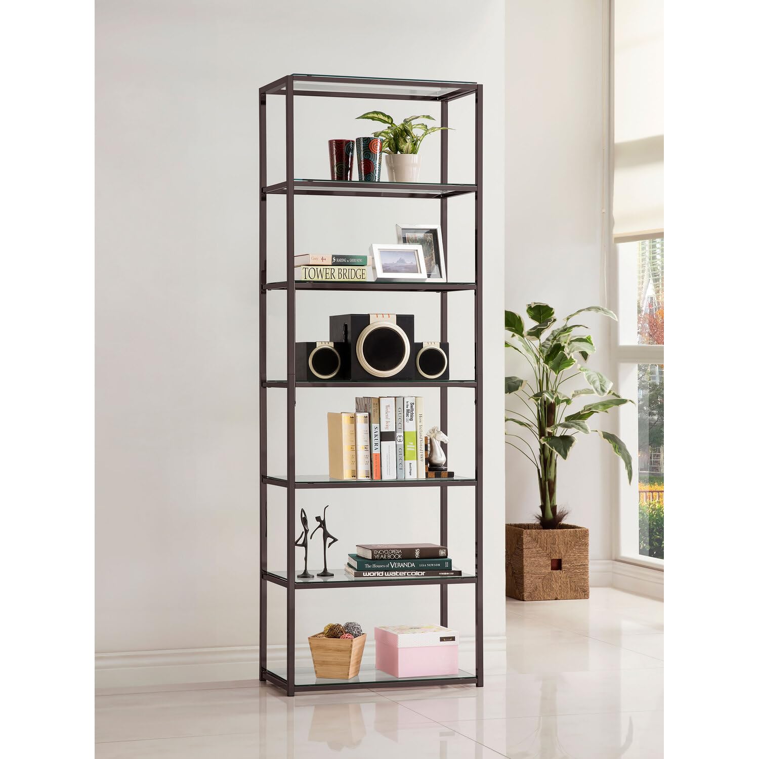 Coaster Furniture Book Case Coaster Contemporary Black Nickel Finished Metal Bookcase with Glass Shelves 14&quot; D x 26&quot; W x 77.75&quot; H 801017