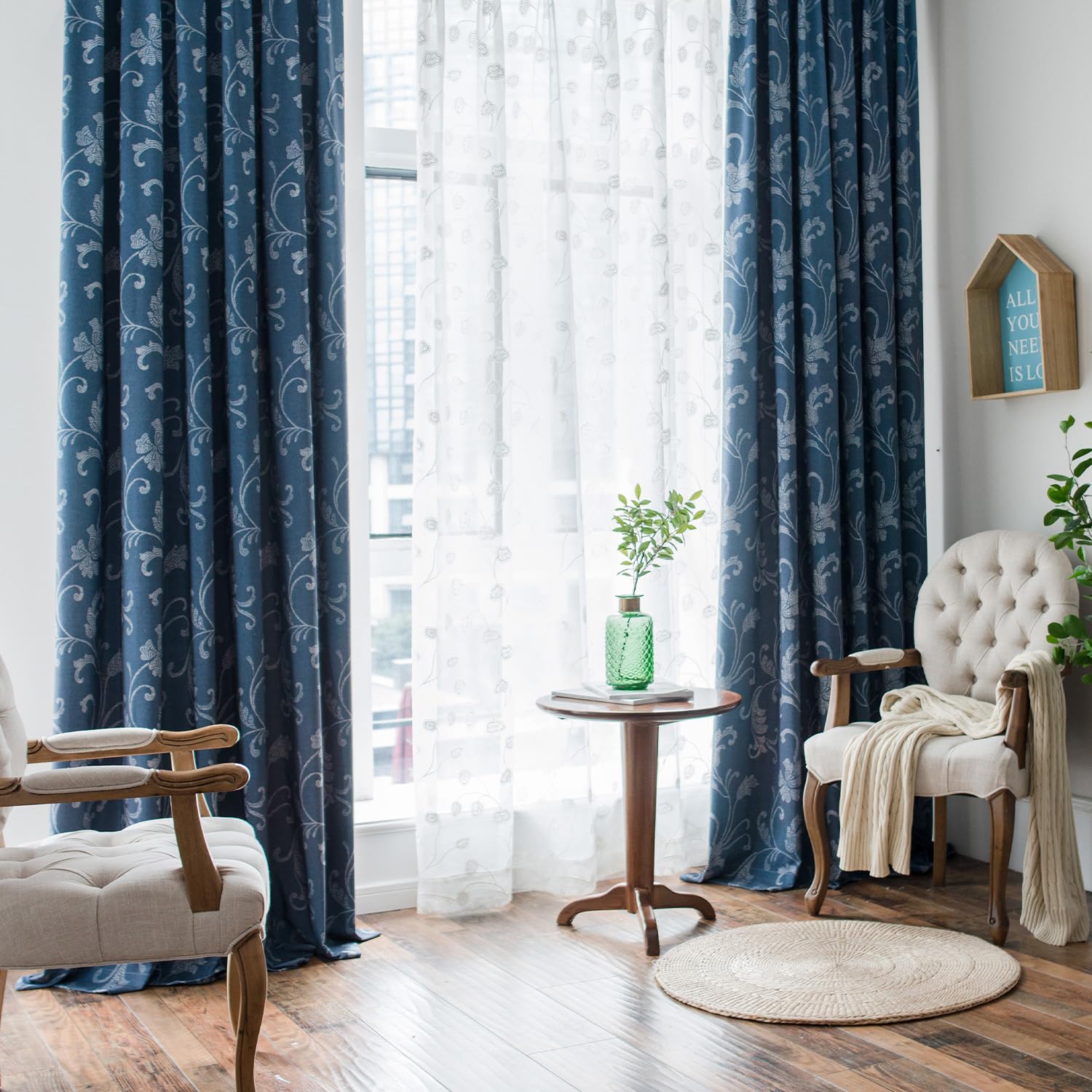 Vogol Country Style Farmhouse Curtains, Not See Through Linen Textured Window Treatment For Living Dining Room, Vintage Leaves P