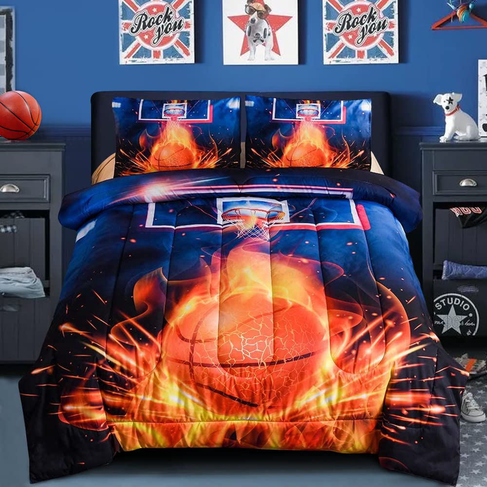 Btargot Basketball Fire Court Comforter Sets Full For Boys Teens,3D Sports Bedding,Soft Microfiber Reversible Quilt With 2 Match