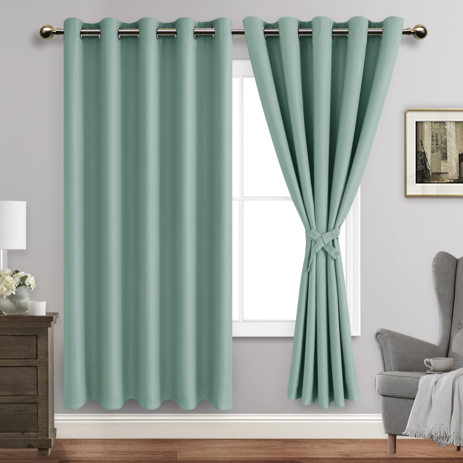 Jiuzhen Light Sage Blackout Curtains With Tiebacks Thermal Insulated, Light Blocking And Noise Reducing Grommet Curtains For And Living Room, Set Of 2 Window Curtain Panels, 60 X 63 Inch Length