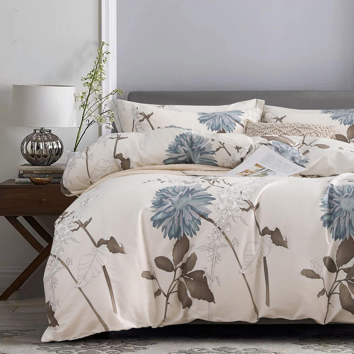 Sleepbella Comforter Twin Size, 600 Thread Count Cotton Brown Branches And Blue Flowers Off-White Comforter Sets, Down Alternati