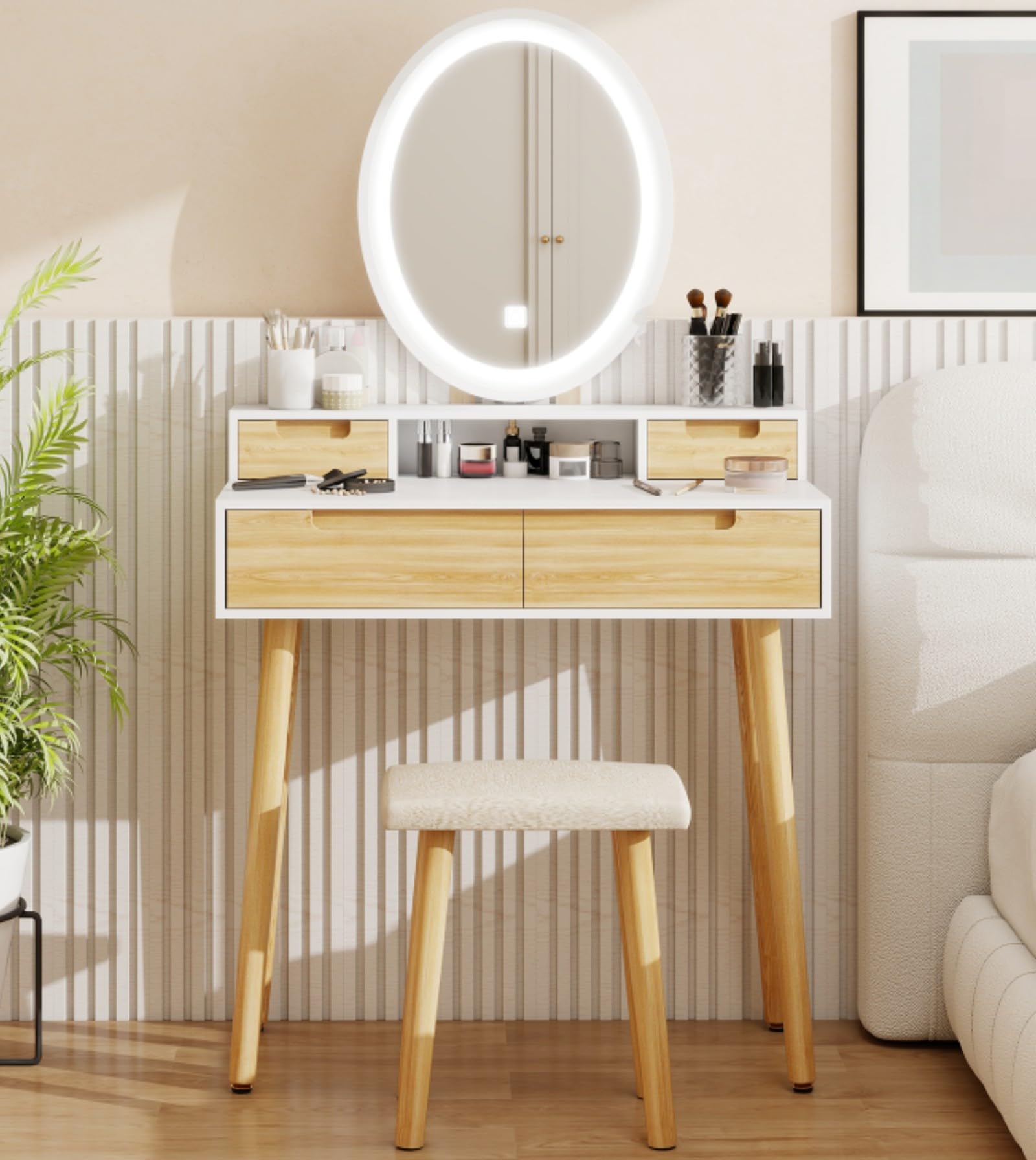 YOURLITE Makeup Vanity Desk with Lights, Small Vanity with Adjustable Brightness Mirror for Small Spaces, Dressing Table with Dr