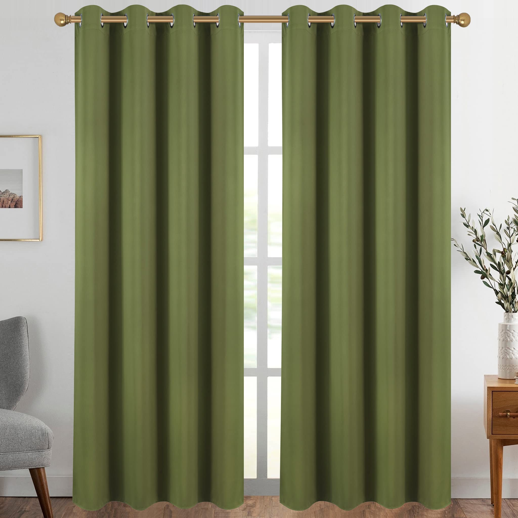 Diraysid Olive Green Grommet Blackout Curtains For Bedroom Thermal Insulated Room Darkening Curtains Drapes, 52 X 84 Inch, 2 Pan