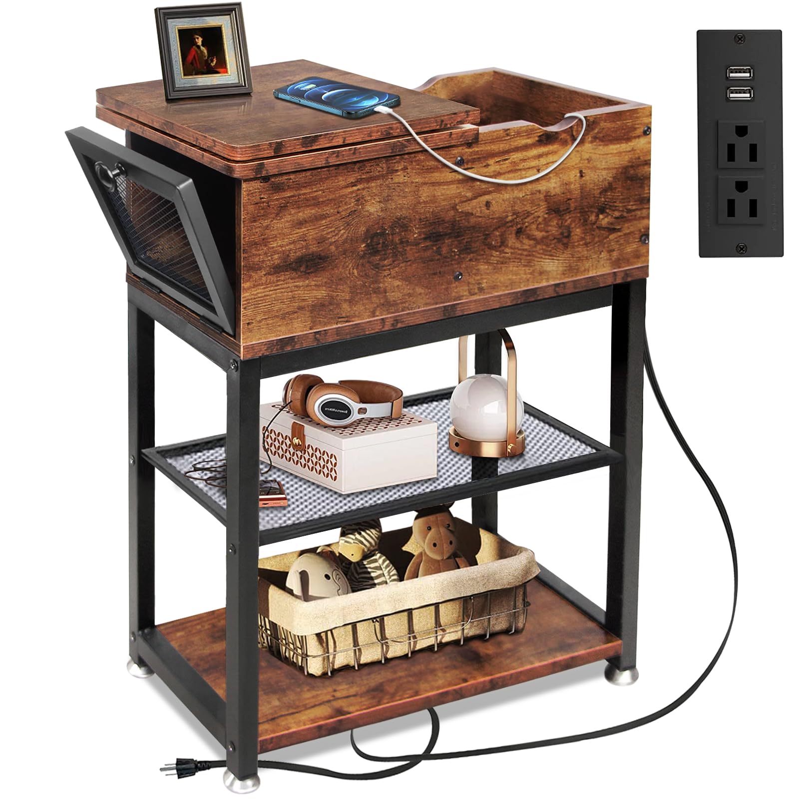 Side Table Living Room with Side Opening and Flip Top,12 D x 24 W x 28 H,Narrow End Table Rustic End Tables with USB Ports and O