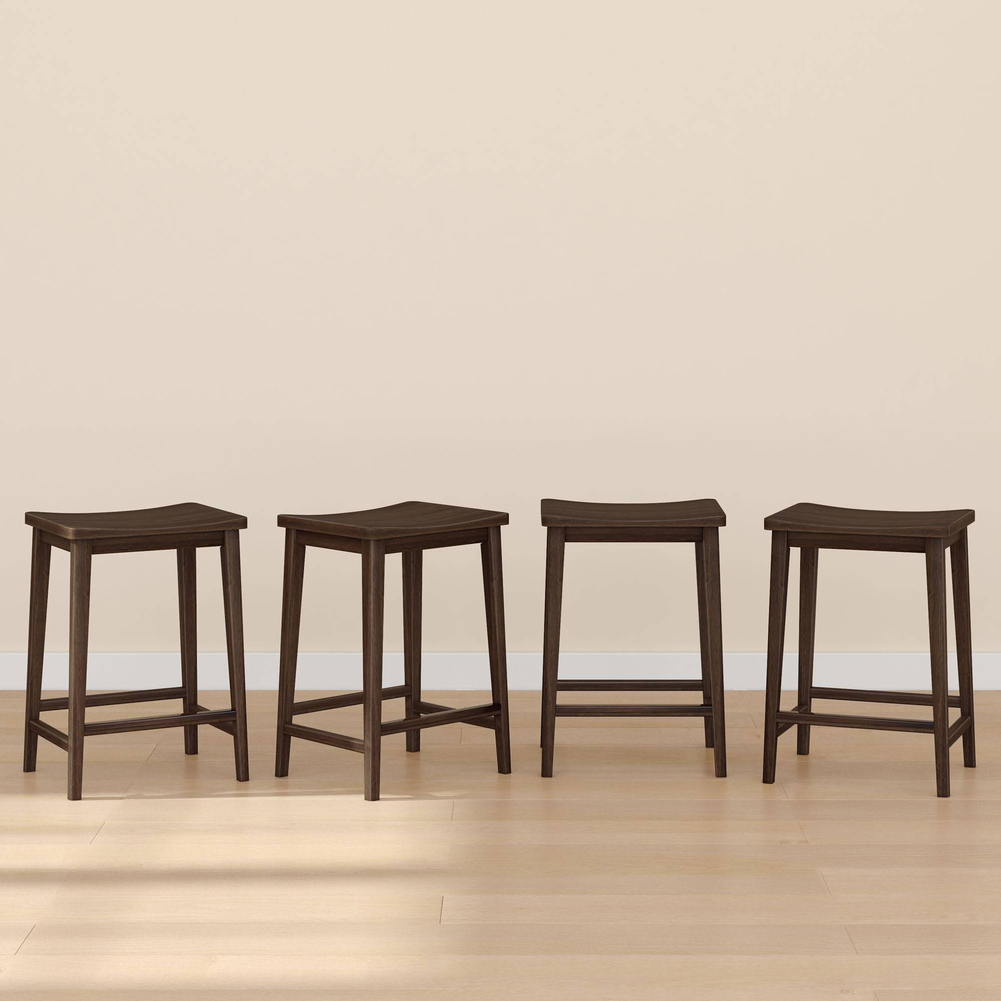 Plank+Beam Smythe Counter Stool, 24, Set of 4, Sturdy Wood Modern Kitchen Counter Height Stool, Saddle Seat Backless Counter Cha