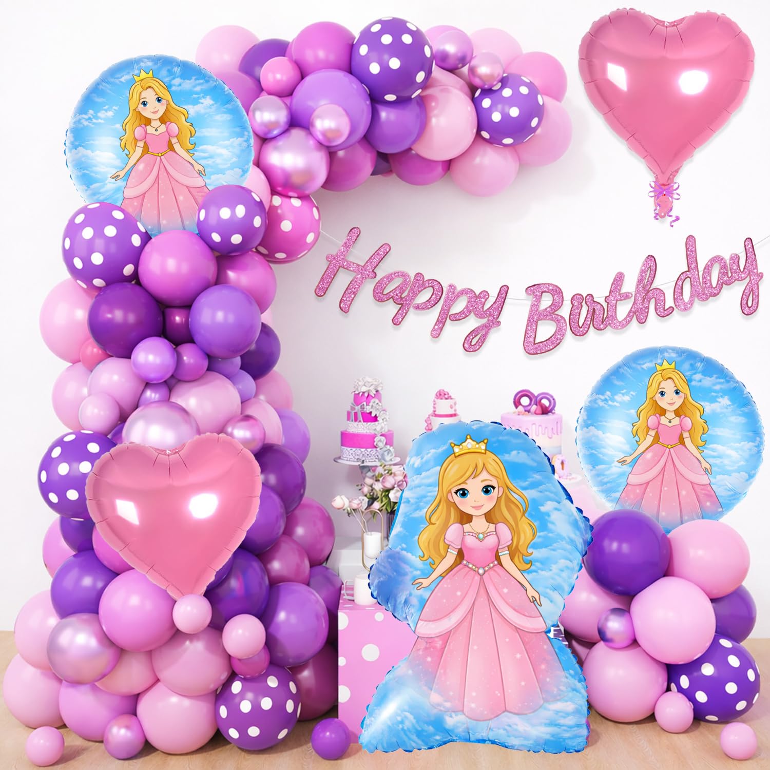 Velunza Princess Theme Birthday Decoration Kit With Glitter Pink Happy Birthday Paper Banner, Princess & Pink Purple Latex Ballo
