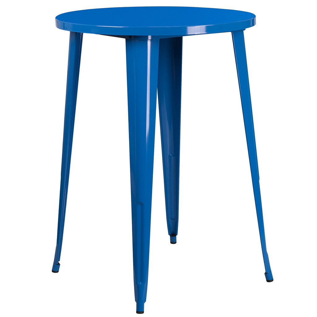Flash Furniture Commercial Grade 30" Round Blue Metal Indoor-Outdoor Bar Table Set with 2 Square Seat Backless Stools