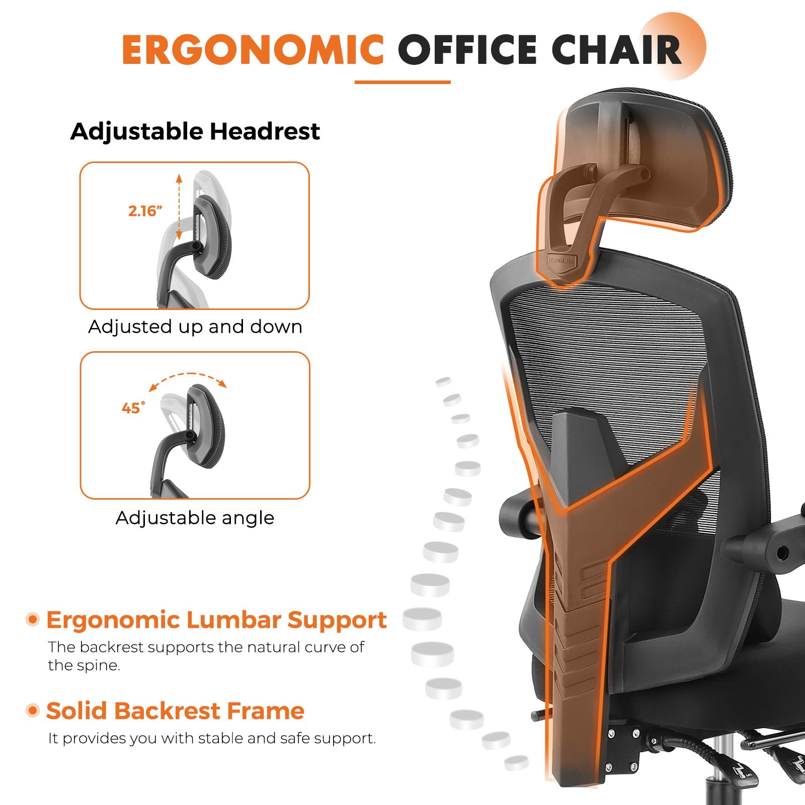 Sweetcrispy Office Computer Desk Chair, Ergonomic High-Back Mesh Rolling Work Swivel Chairs With Wheels, Comfortable Lumbar Support, Comfy Arms For Home, Bedroom, Study, Student, Black