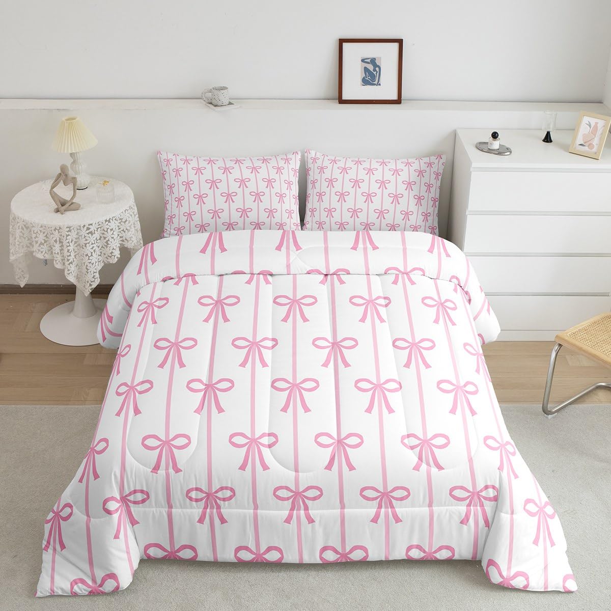 Feelyou Kids Girls Pink Bow Comforter Set,Cute Pink Bowknot Bedding Set Full Size,Stripe Bow Comforter,Kawaii Bed Set