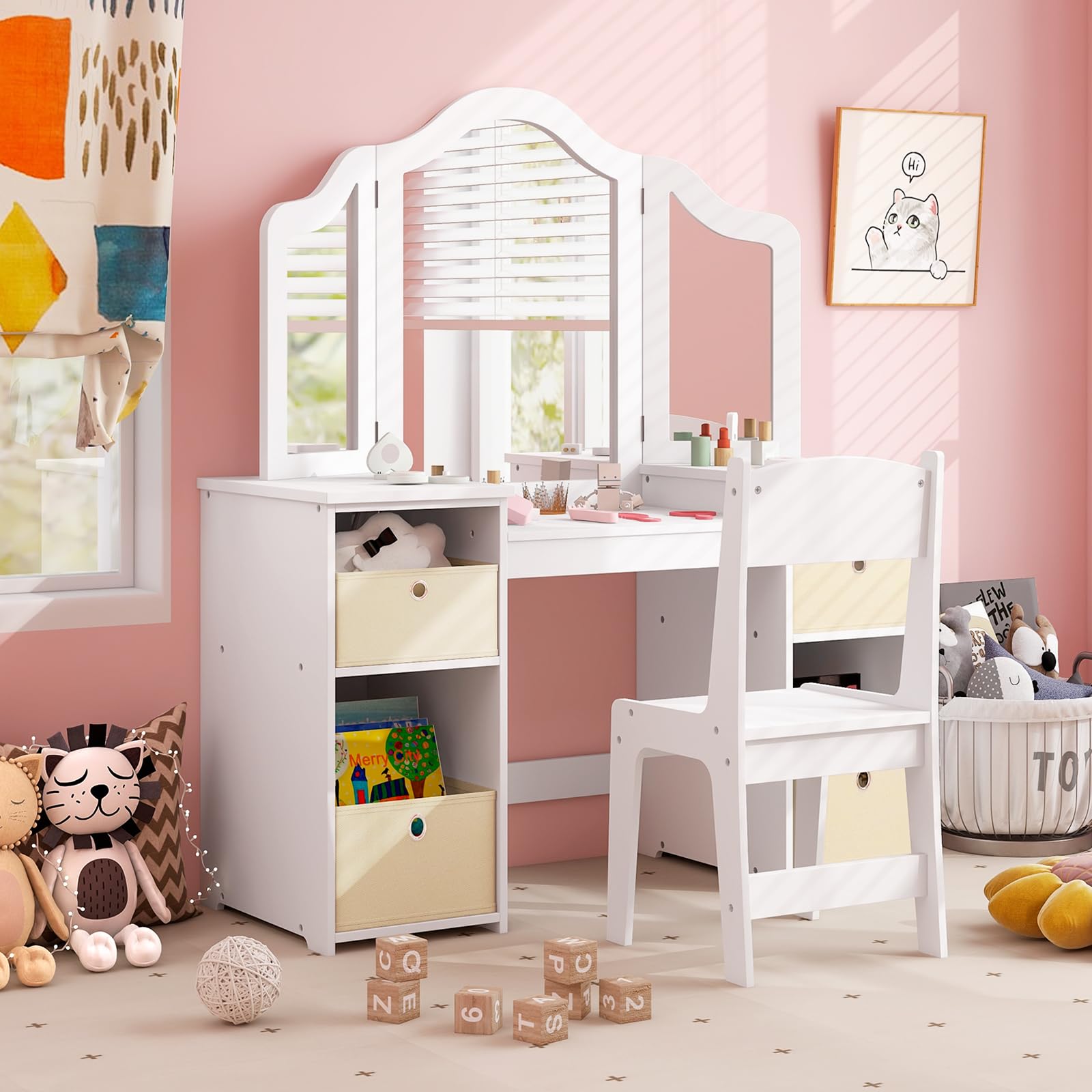 Costzon Kids Vanity, 2 in 1 Princess Makeup Desk & Chair Set with Tri-Folding Mirror, 4 Storage Bins, Wooden Toddler Vanity Dres