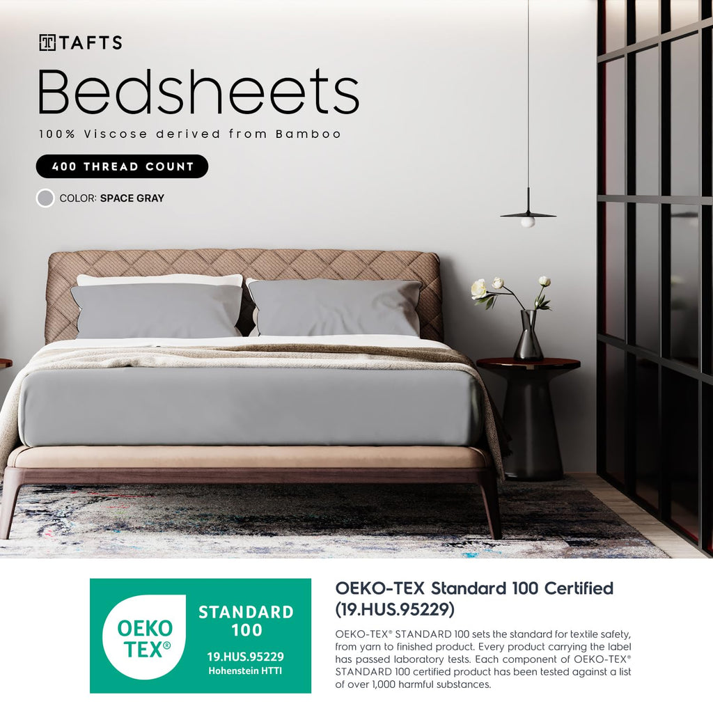 Tafts 100% Viscose Derived From Bamboo Sheets King Size Bed Sheet Set, 17 Inch Deep Pockets, Luxuriously Soft, Silky, Cooling Sheets, Double Stitched, Lifetime Quality Promise (Gray/Grey)