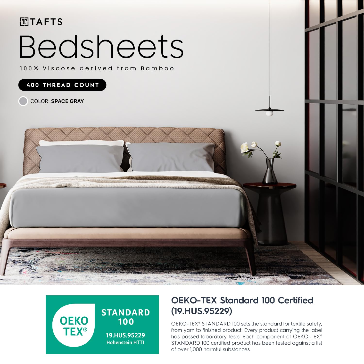 Tafts 100% Viscose Derived From Bamboo Sheets King Size Bed Sheet Set, 17 Inch Deep Pockets, Luxuriously Soft, Silky, Cooling Sheets, Double Stitched, Lifetime Quality Promise (Gray/Grey)
