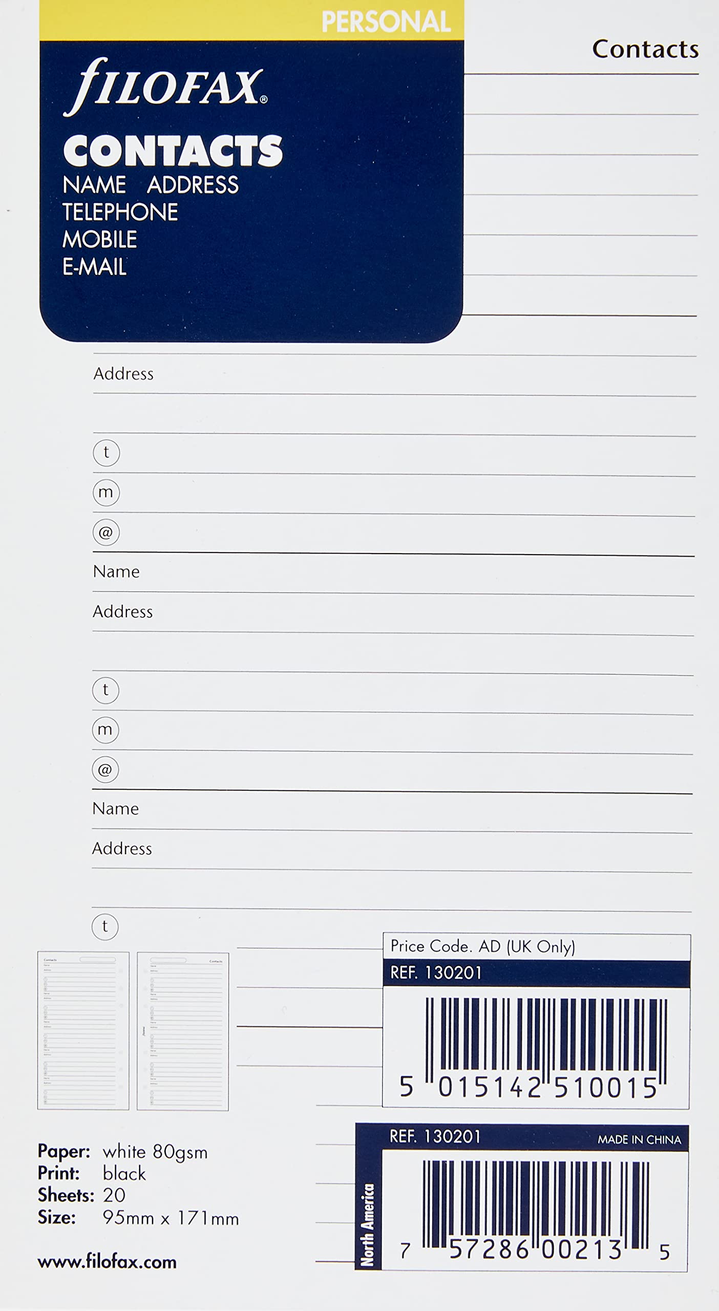 Filofax Name/Address/Telephone Refill For Personal & Personal Compact Size, 20 Sheets, White (B130201)