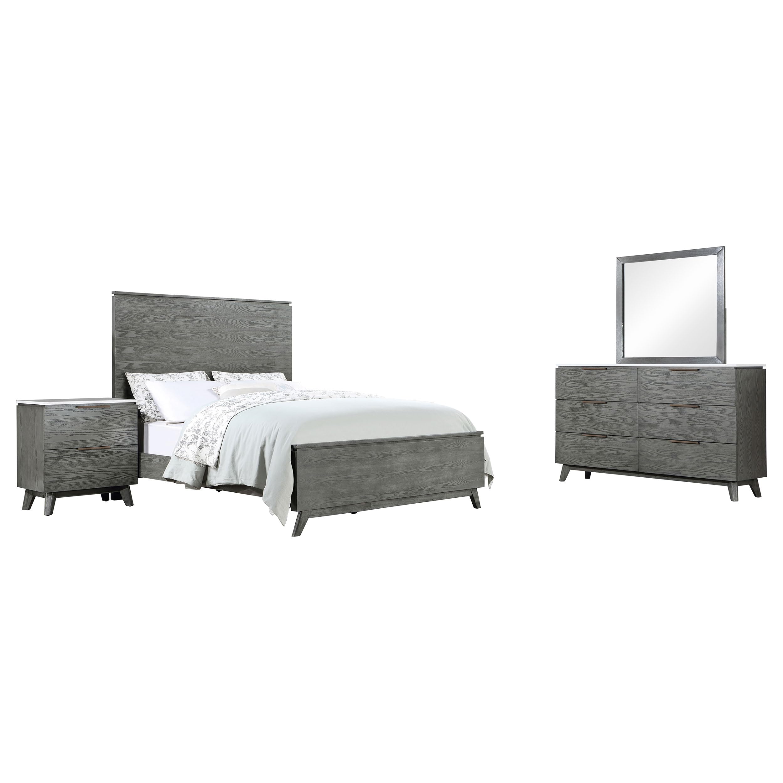 Coaster Home Furnishings Nathan Mid-Century Modern 4-Piece Bedroom Set Upholstered Queen Size Panel Bed Frame 60-Inch Headboard Grey 224601Q-S4