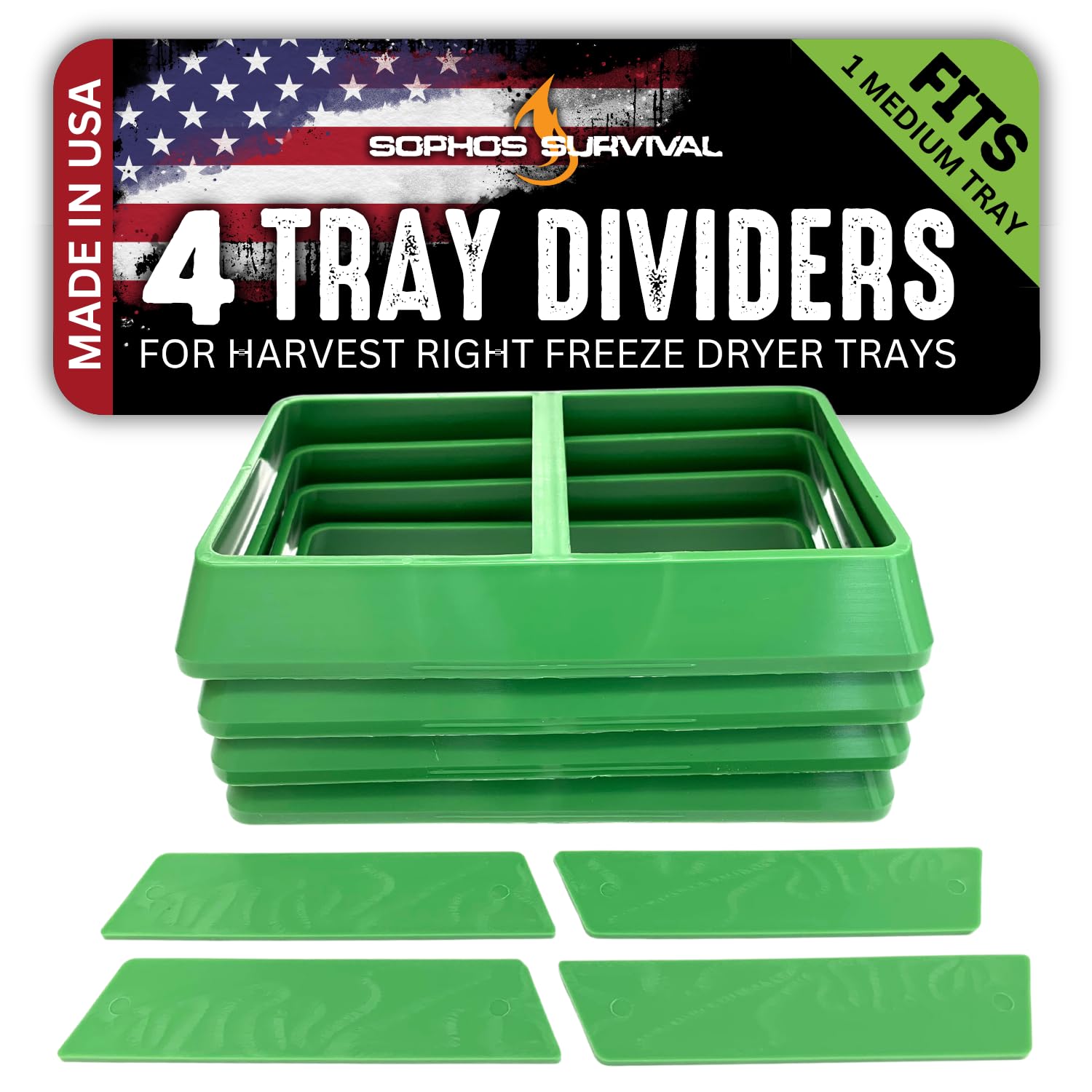 Tray Dividers For Medium Harvest Right Freeze Dryer Trays (Set Of 4 Dividers - Fits 1 Medium Tray, Green), Freeze Dryer Accessor