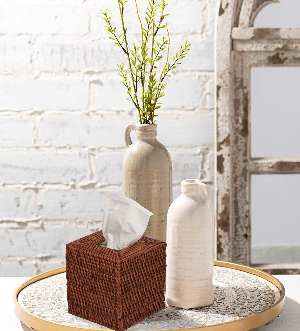 Livelab Natural Rattan Tissue Box Cover, Square Hand Woven Tissue Box Holder Tissue Box Case Organizer 5.5''X5.5''X5.7'' Honey B