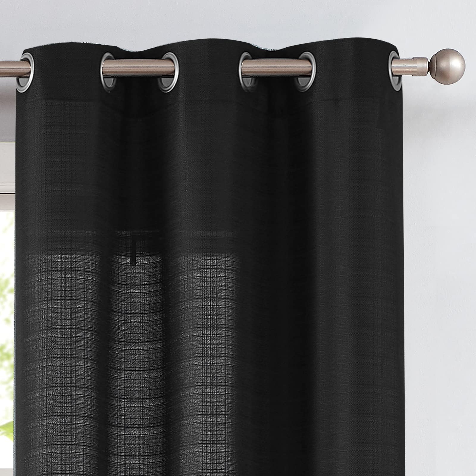 Jinchan Black Linen Textured Curtains 96 Inch Long 2 Panels For Living Room Grommet Top Light Filtering Window Drapes For Bedroo