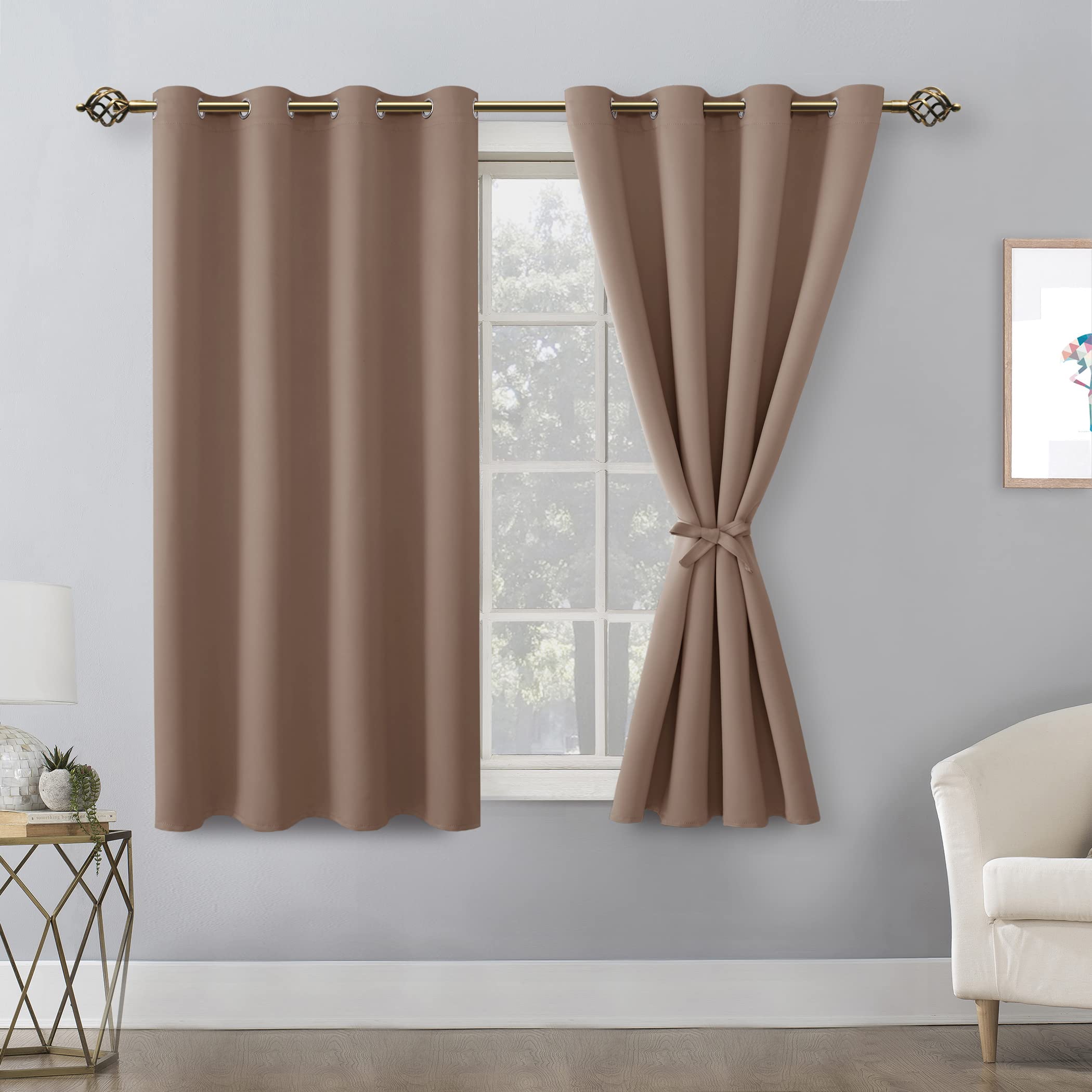 Hiasan Blackout Curtains For Bedroom, 52 X 54 Inches Long - Thermal Insulated & Light Blocking Window Curtains For Living Room, 2 Drape Panels Sewn With Tiebacks, Cappuccino