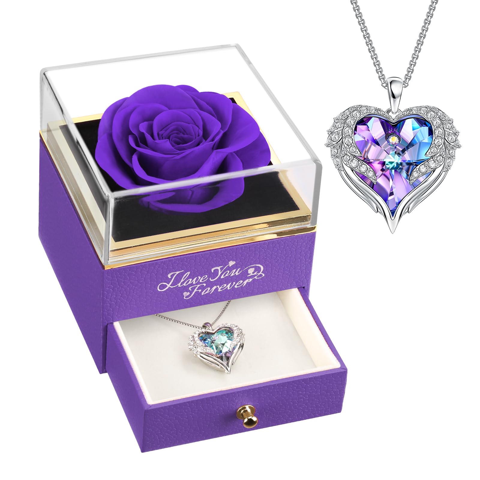Newnove Mothers Day Gifts - Preserved Real Purple Rose With Angel Wings Necklace - Flower Gifts For Women Wife Girlfriend Mom An