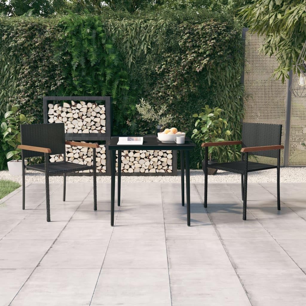 vidaXL 3 Piece Black Patio Dining Set with PE Rattan Chairs and Glass Tabletop, Outdoor Garden Furniture Set with Sturdy Powder-Coated Steel Frames