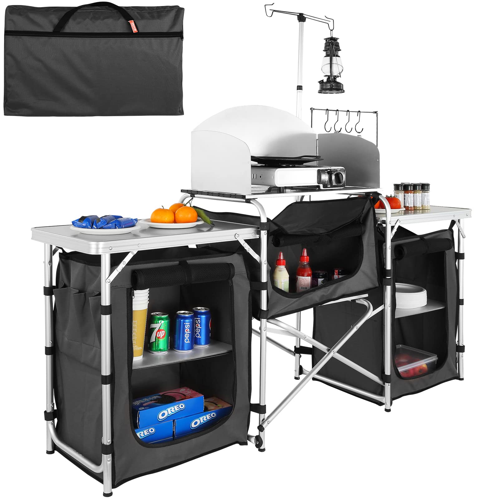 VEVOR Camping Kitchen Table, Folding Outdoor Cooking Table with Storage Carrying Bag, Aluminum Cook Station 3 Cupboard & Detacha