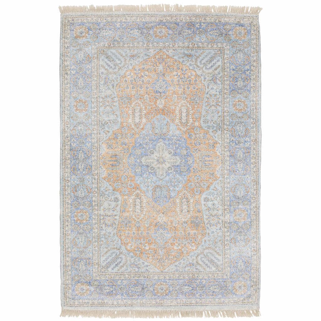 HomeRoots 509465 10 x 13 ft. Blue & Red Oriental Hand Loomed Stain Resistant Rectangle Area Rug with Fringe