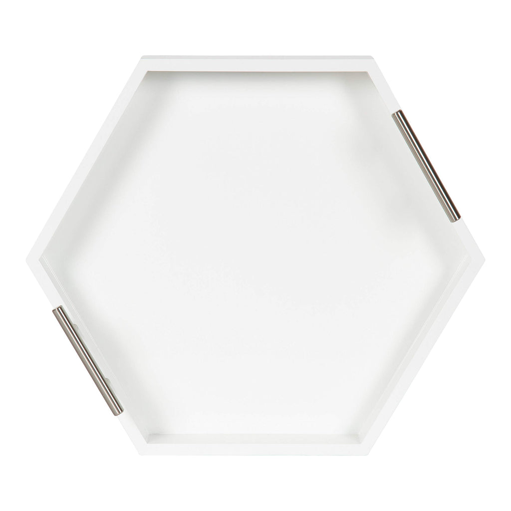 Kate And Laurel Lipton Modern Hexagon Tray, 18 X 18, White And Silver, Decorative Tray For Storage And Display