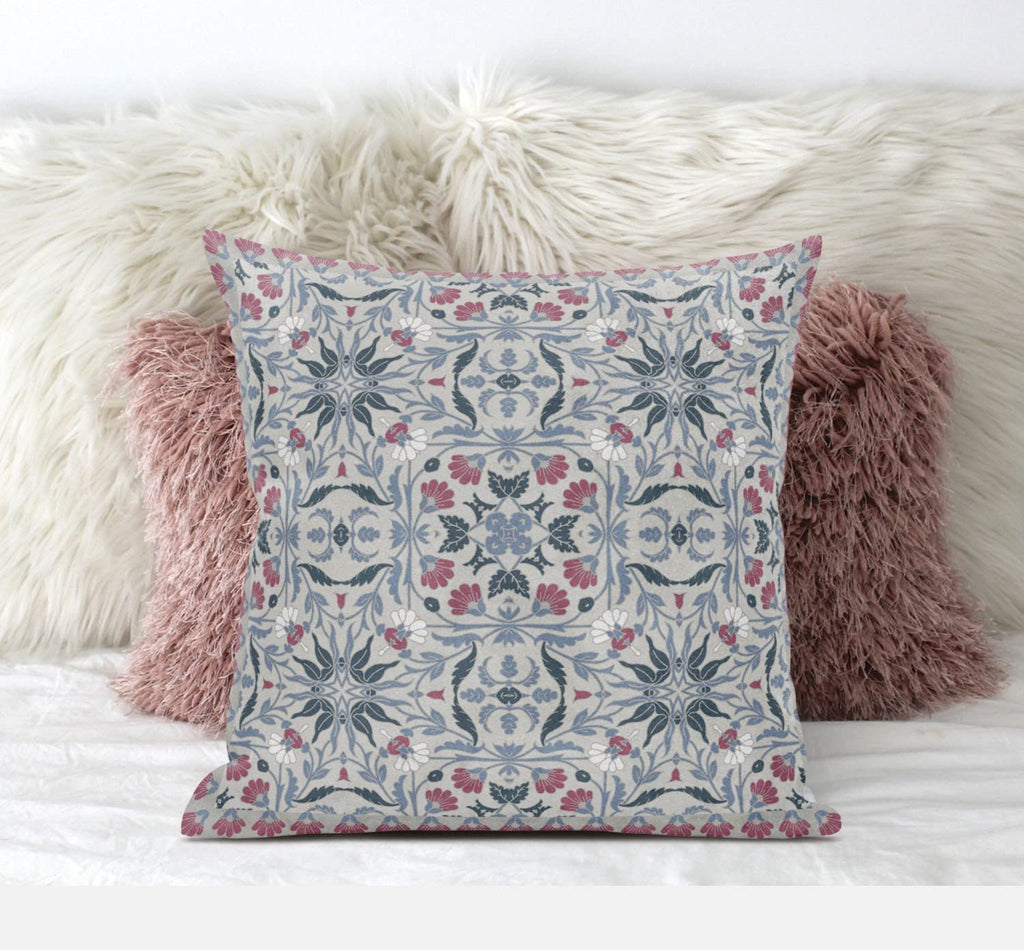 HomeRoots Muted Green Grey Indigo 16â€ Pink Gray Paisley Zippered Suede Throw Pillow