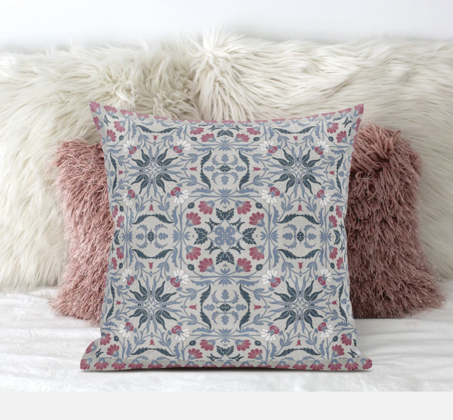 HomeRoots Muted Green Grey Indigo 16â€ Pink Gray Paisley Zippered Suede Throw Pillow