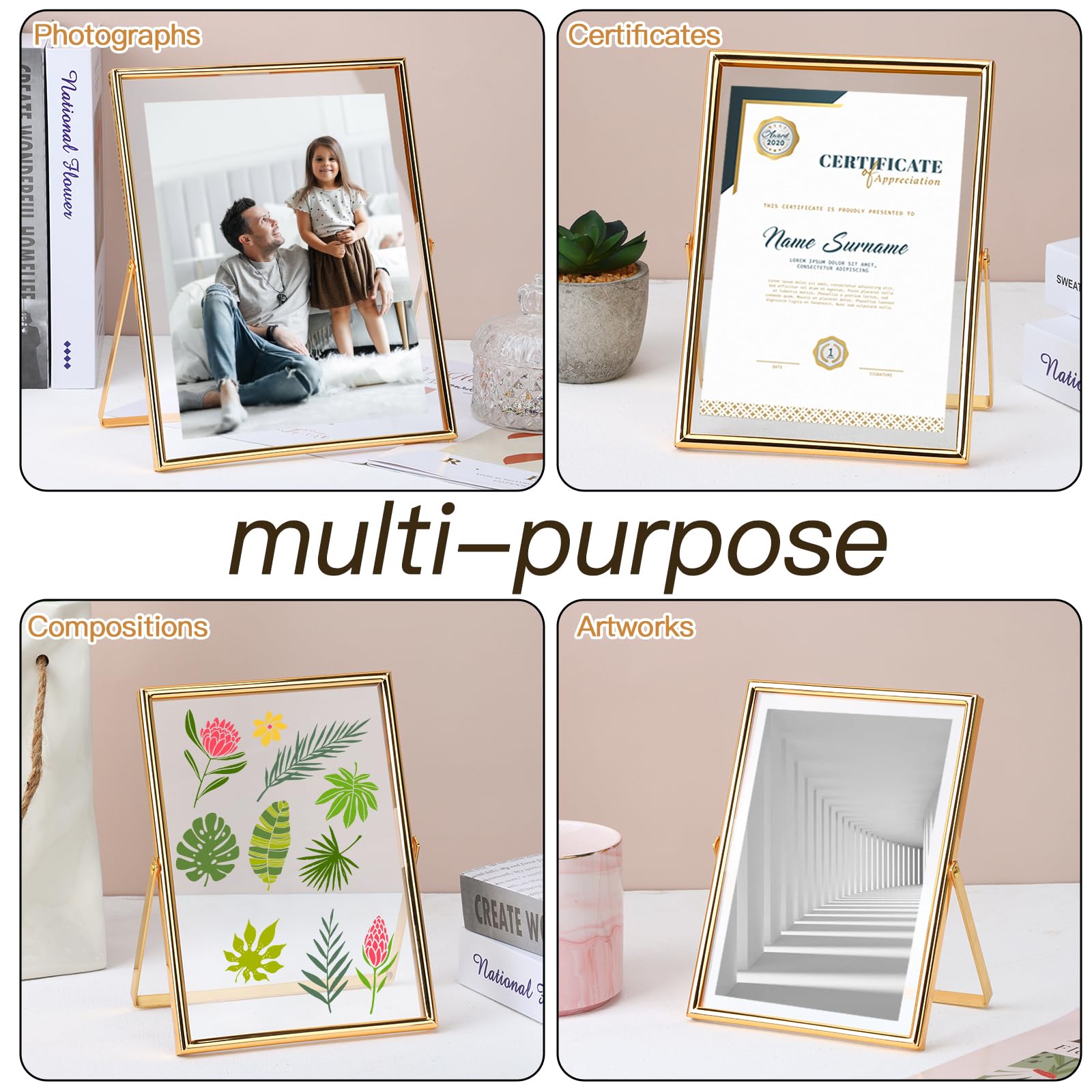 Fixwal Floating Picture Frame Set Of 2, 5 X 7 Tempered Glass Frame For Tabletop Display, Gold Metal Display Frame, For Multi Siz