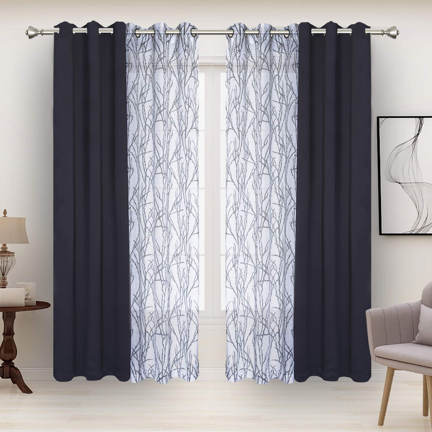 Bonzer Mix And Match Curtains - 2 Pieces Branch Print Sheer Curtains And 2 Pieces Blackout Curtains For Bedroom Living Room Grom
