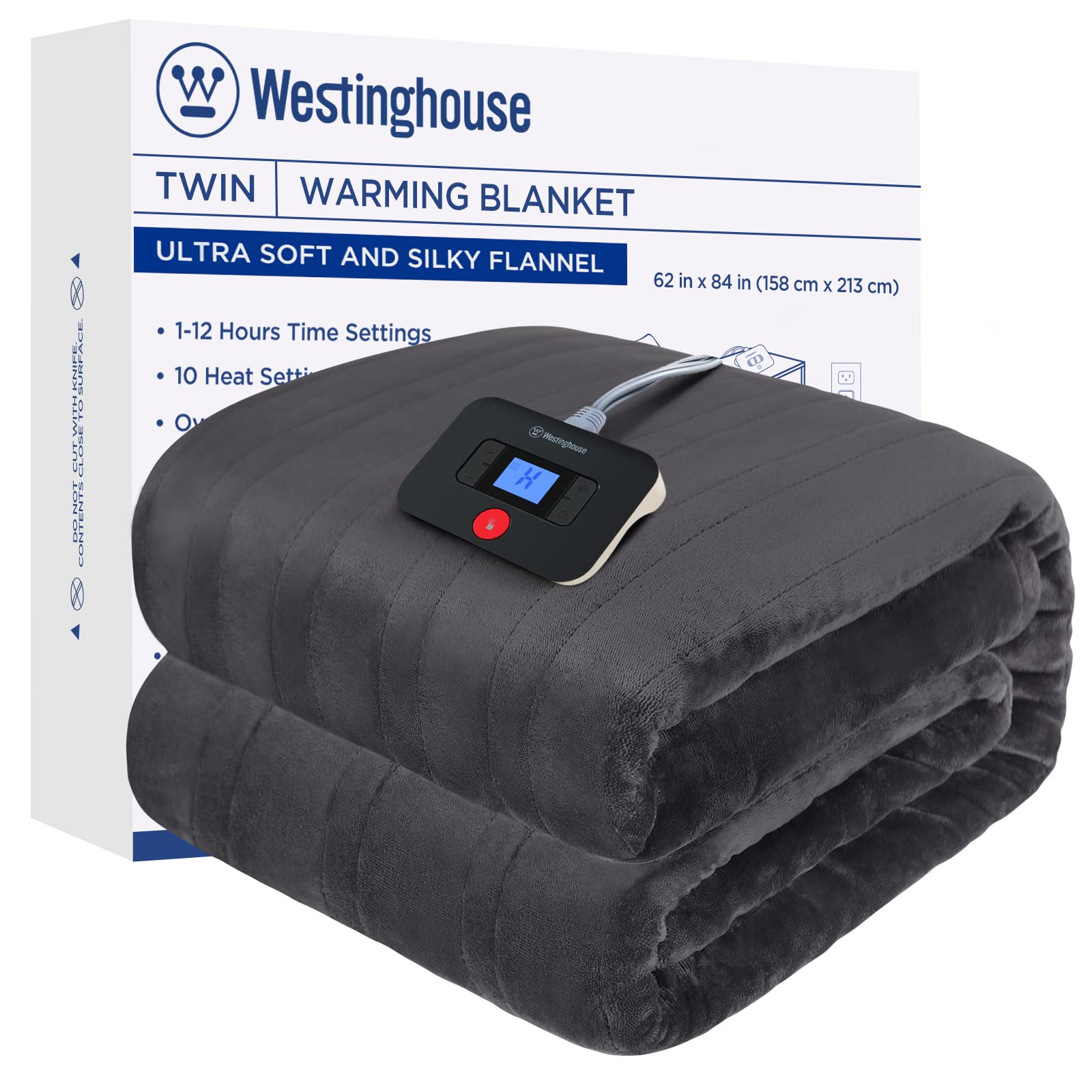 Westinghouse Electric Blanket Twin Size, Super Cozy Soft Flannel 62'' x 84'' Heated Blanket with 10 Fast Heating Levels & 1-12 A
