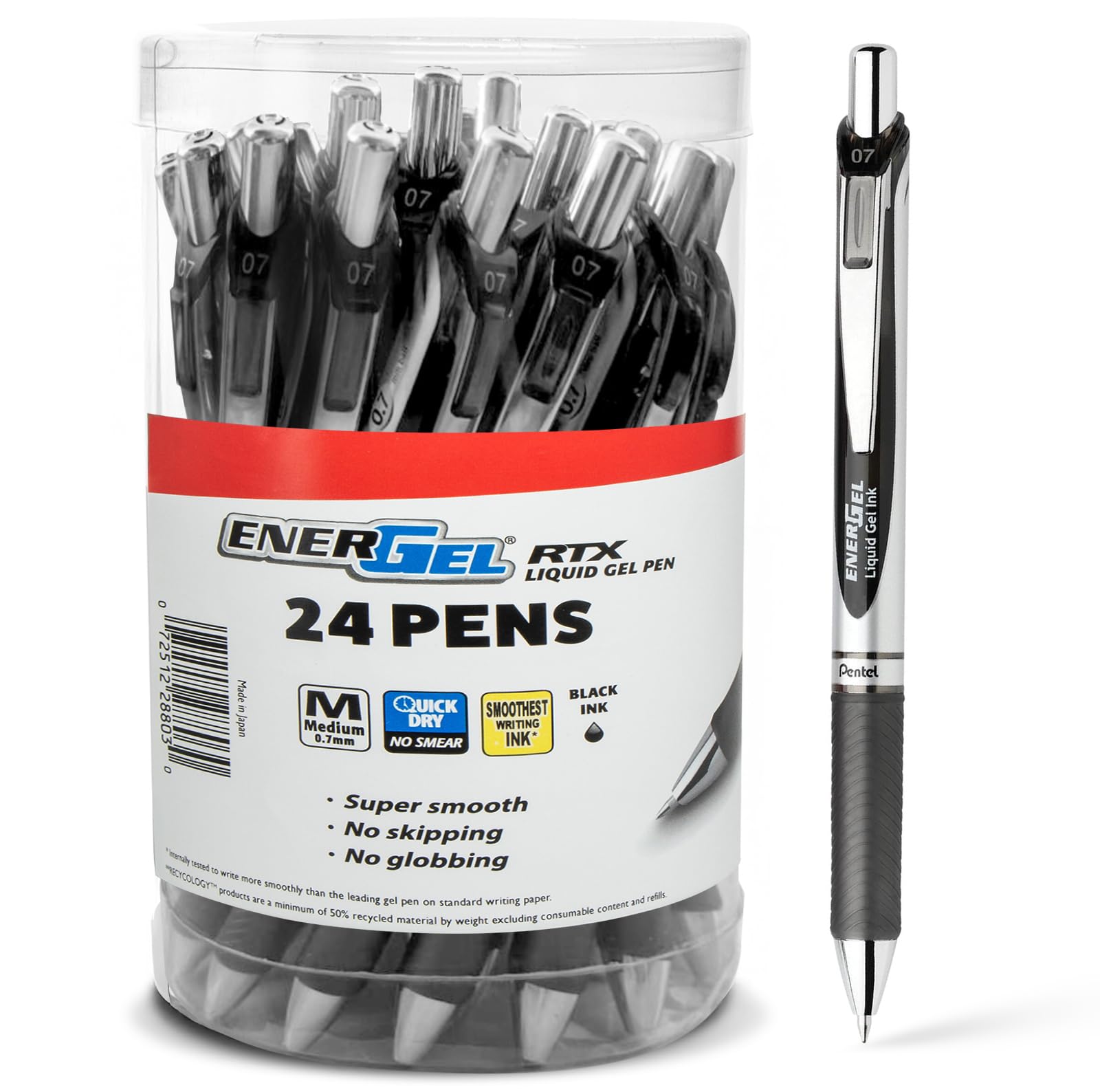 Pentel Energel 0.7 Mm Rtx Retractable Black Ink Liquid Gel Ink Pen - 24 Pack, Metal Tip, Medium Point
