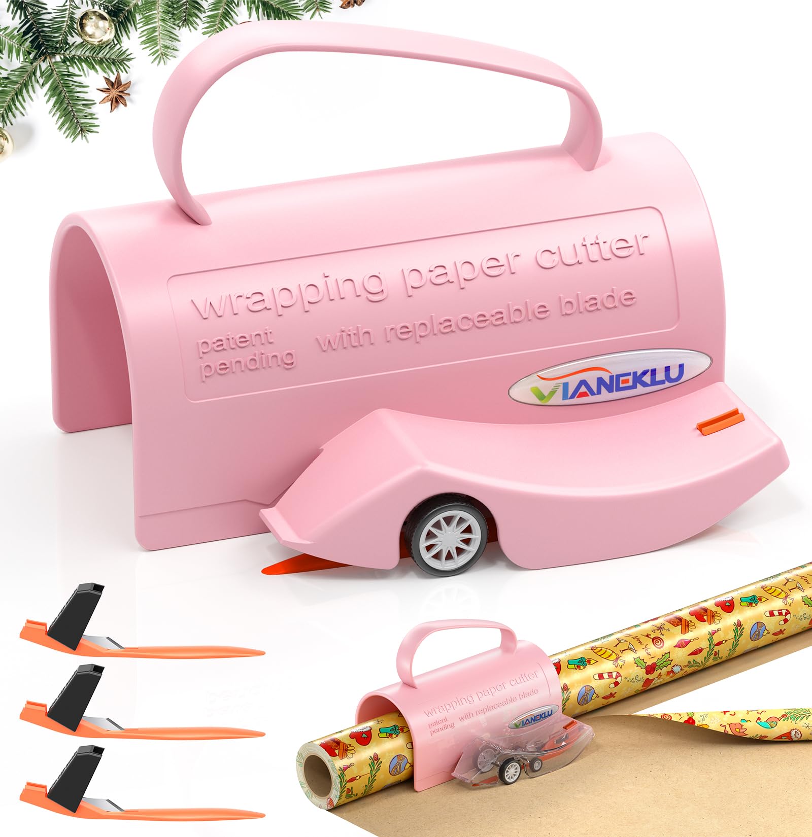 Wrapping Paper Cutter Slider, Gift Wrap Cutter Tool with 3 Replaceable Blade with Handle for Christmas Paper Roll Wrapping, Chri