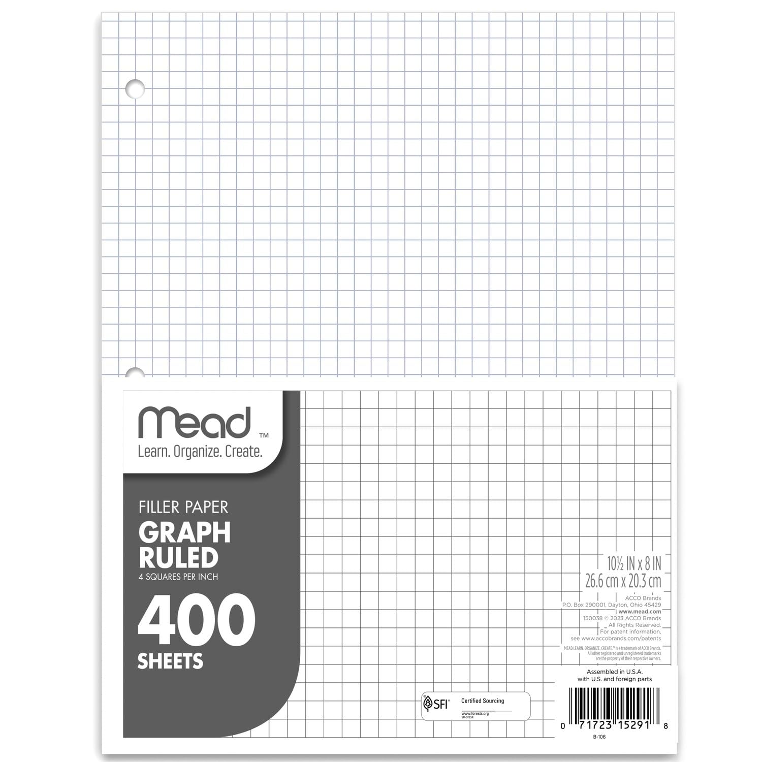 Mead Loose Leaf Paper, 1 Pack, 3 Hole Punched, Graph Ruled Paper, 10-1/2' X 8', 400 Sheets/Pack (150038-Ecm)