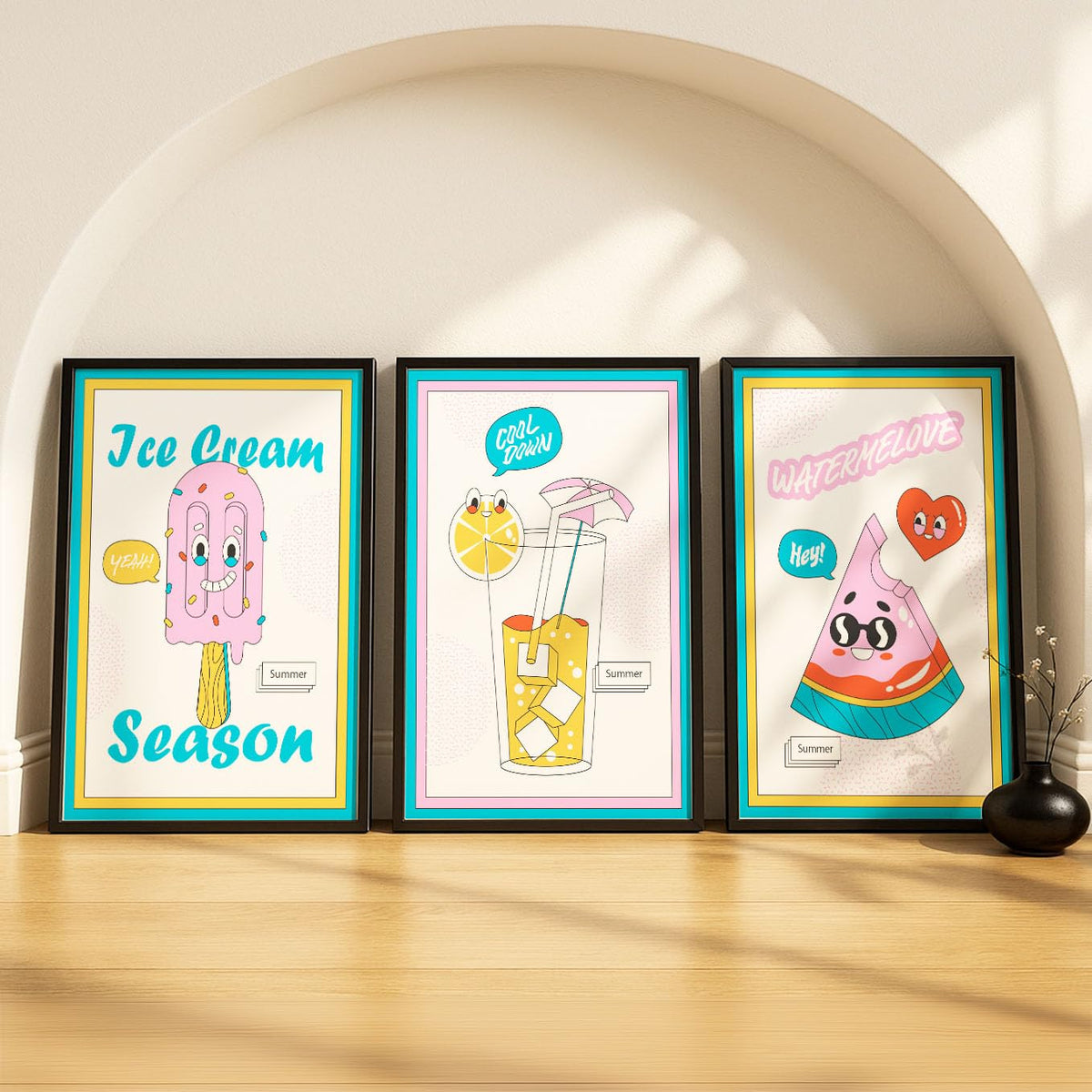 SoulAbiti Summer Treats set of 3 Framed Wall Print 12x18 inch Black Frame PlexiGlass Preppy Art ready to hang for living room b